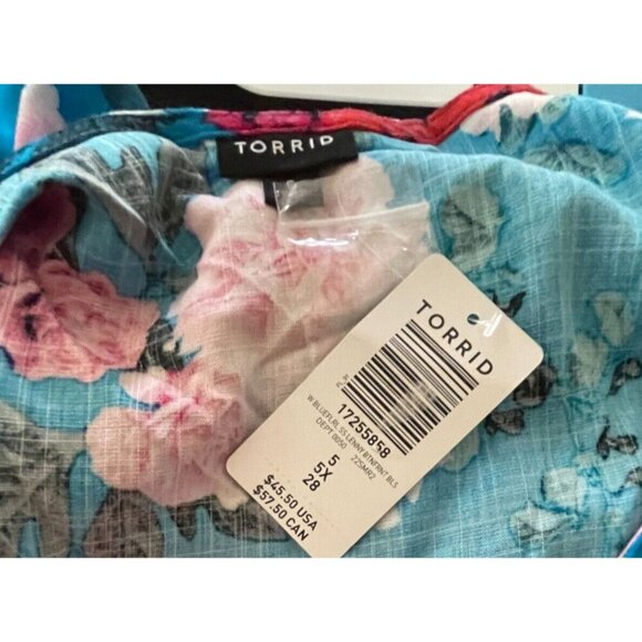 Torrid +5 Blue-Pink Floral Scoop Neck Button Shirred Detail Short Sleeve Blouse - Picture 6 of 6